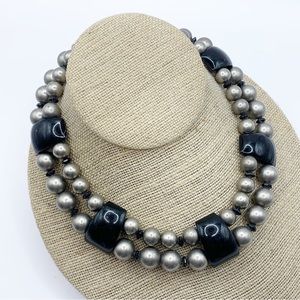 Vintage black and gray silver tone chunky beaded collar necklace
